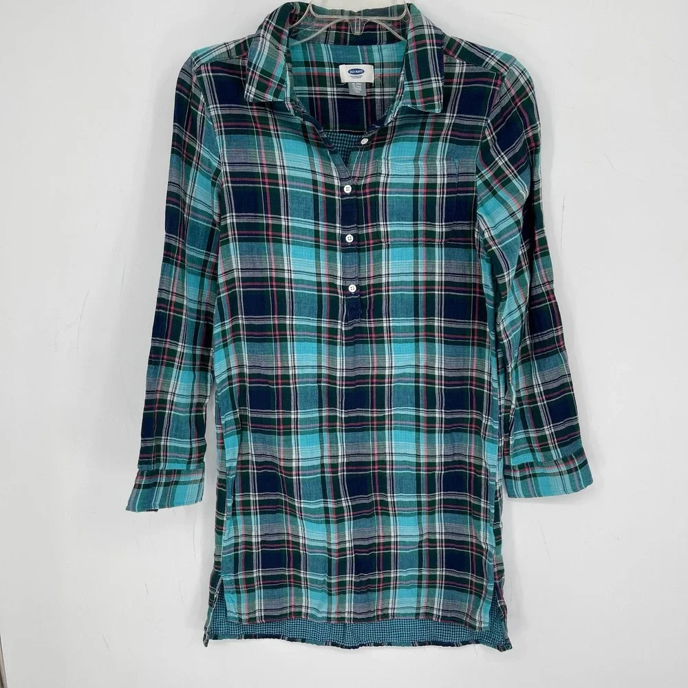 Old Navy Girl's Blue Plaid Long Sleeve Henley Tunic Shirt Dress Size XL 14 Reg